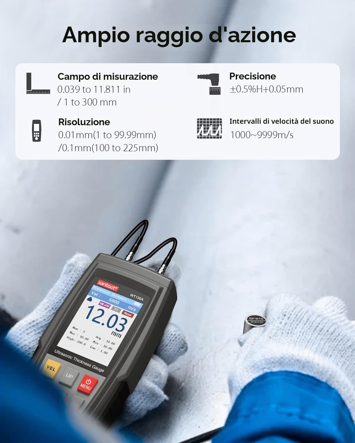 Wintact Spessimetro digitale a ultrasuoni, gamma da 0,039 a 30 cm, con sonda per misurare materiali metallici e non metallici, acciaio, argento, plastica, vetro, PVC, tubi