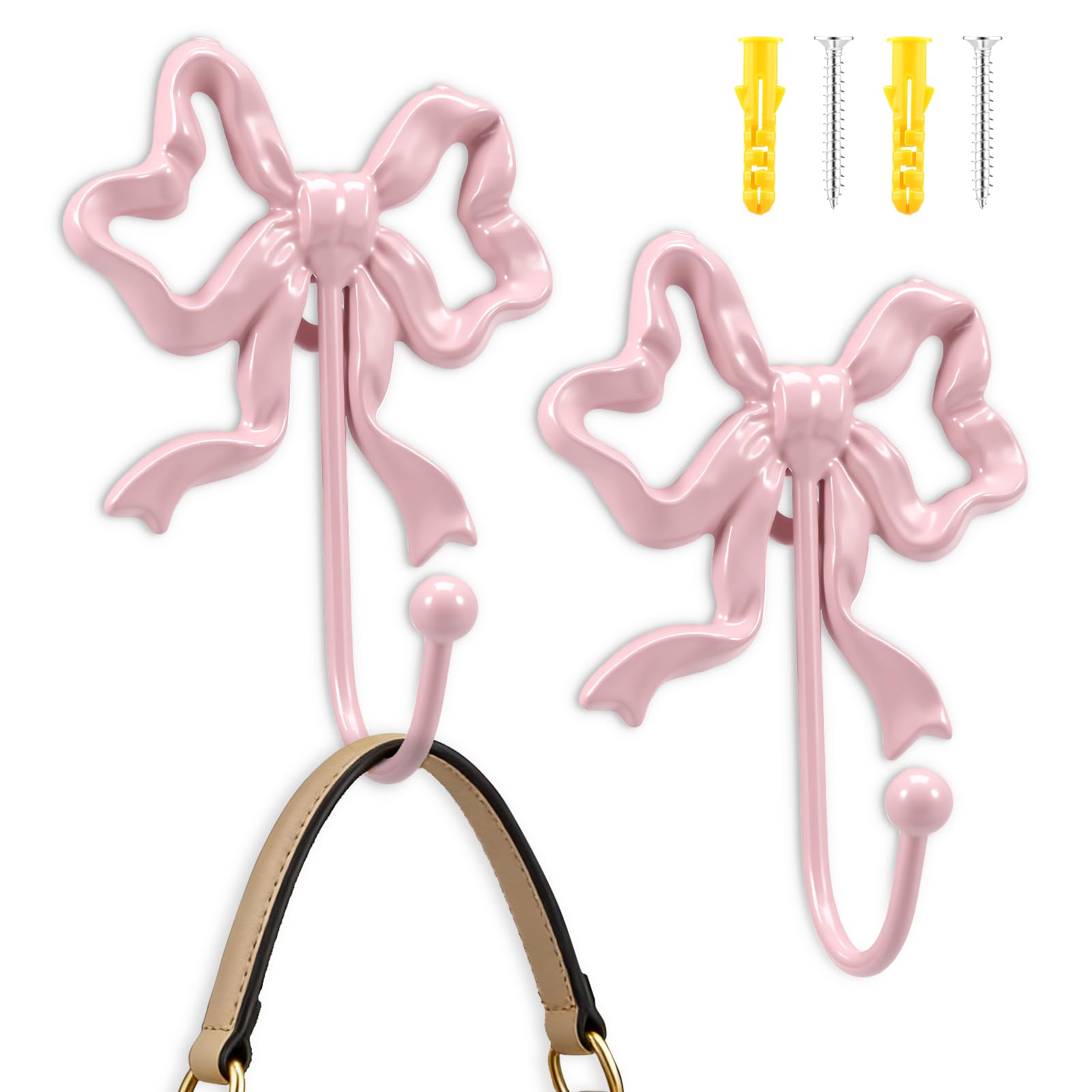 Anihet 2Pcs Bow Knot Wall Hooks, 5.31x3.94in Bowknot Coat Hook Butterfly Towel Hanger, Vintage Decorative Bows Wall Hook for Coats Hats Bags Towels Keys, Home(Pink)