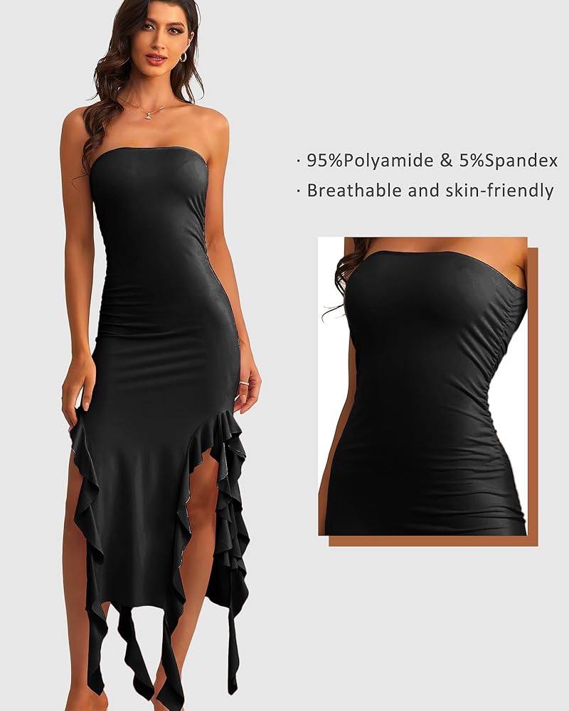 VENDAU Y2k Strapless Ruffle Trim Dress - Flowy Beach Dress