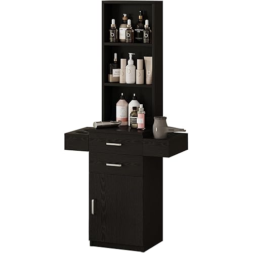4ever2buy Salon Station for Hair Stylist, Salon Station with Barber Cabinet, Hair Station Equipment Hair Dryer Holder, Drawers, Storage Cabinet for Hair Styling, Black