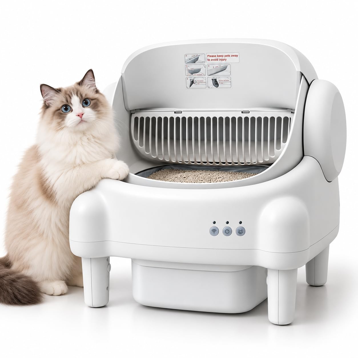 PORIYA Automatic Cat Litter Box Open Top Design Self Cleaning Cat Litter Box for Multiple Cats - Open-Top Automatic Litter Box with App Control Safety Protection White