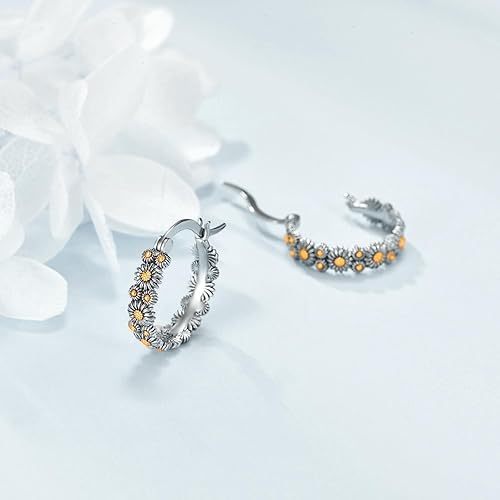 Miniatura 5 de POPLYKE Aretes de plata de ley con diseño de flores, pequeños aretes tipo huggie, regalo de joyería para mujer