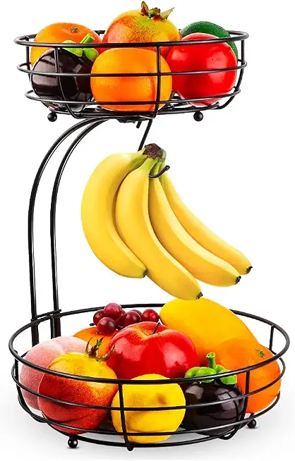 Bukela Fruit Basket for Kitchen Counter, Iron 2-Tier Countertop Fruit Vegetables Basket Bowl Storage With Banana Hanger, Black