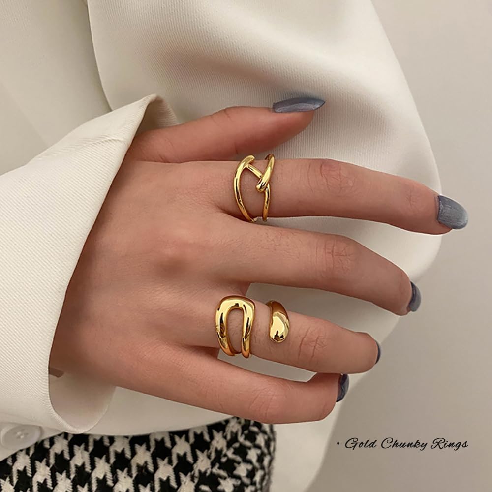 3PCS Chunky Gold Rings Adjustable Irregular Textured Statement Rings Open Chunky Silver Rings Thick Geometric Rings for Women Minimalist Simple Rings - Image 7