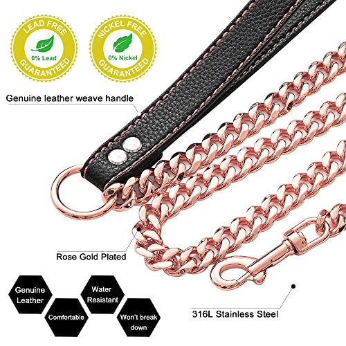 Gzmzc Dog Chain Leash Rose Gold 15Mm Heavy Duty Dog Leash Chains With Leather Padded Handle For Large Dogs Collar Chain (Total Length Of 3Ft) #TOP2