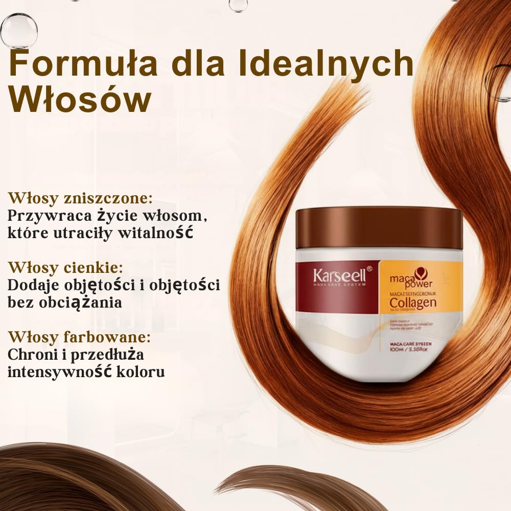 Karseell MACA CARE SYSTEM Zestaw kolagenowych maseczek do włosów 100 ml + szampon o objętości 200 ml + odżywka do włosów 200 ml nawilżająca objętość naprawa połysku, gładkość, suche, zniszczone włosy
