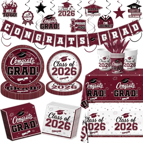 2026 Graduation Decorations Tableware Maroon White Graduation Plates and Napkins Class of 2026 Congrats Grad Party Supplies Disposable Tablecloth Cup Knife Fork for Graduation Party Decor Serve 25