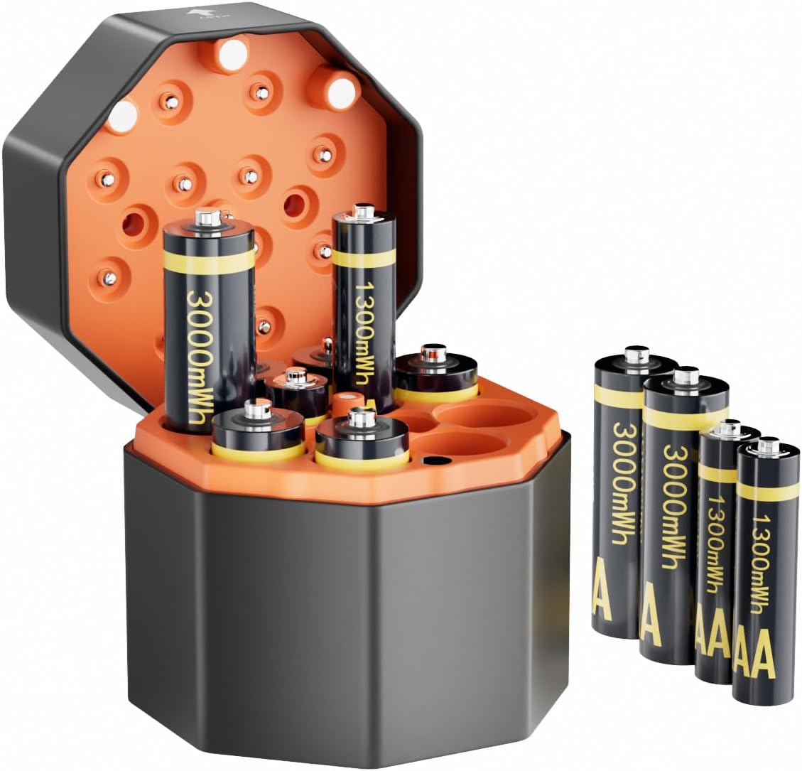 Rechargeable Lithium Batteries 8 AA+4 AAA with Charger,8 Pack 1.5 V 3000mWh Double &1300mWh Triple A Batteries,Long Lasting Lithium Battery with Integrated Charging Storage Box with 2500+ Cycle Times