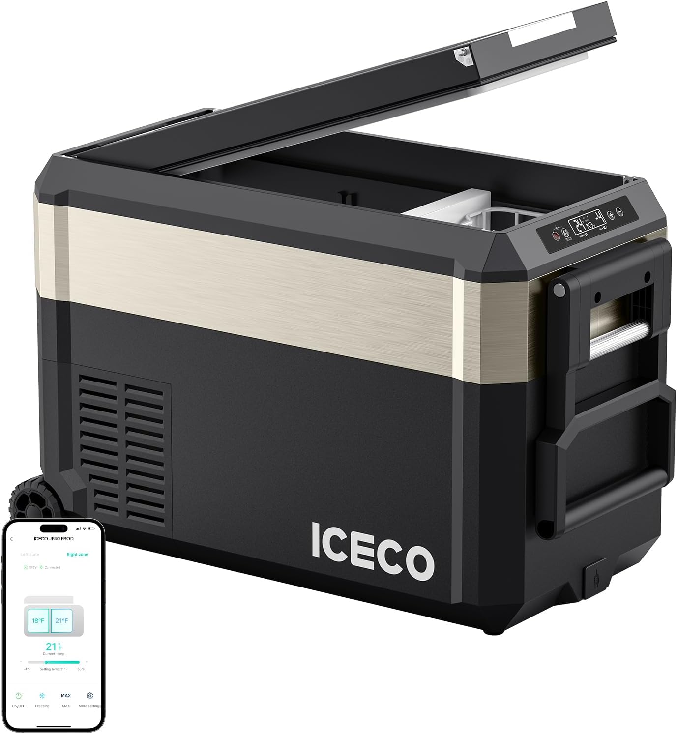 ICECO JP40 ProD Portable Refrigerator Freezer,12 Volt Fridge Powered by AC/DC, 40 Quart Dual Zone Car Fridge Equipped SECOP compressor, -4℉～68℉, Electric Cooler for Vehicles, Camping and Home Use