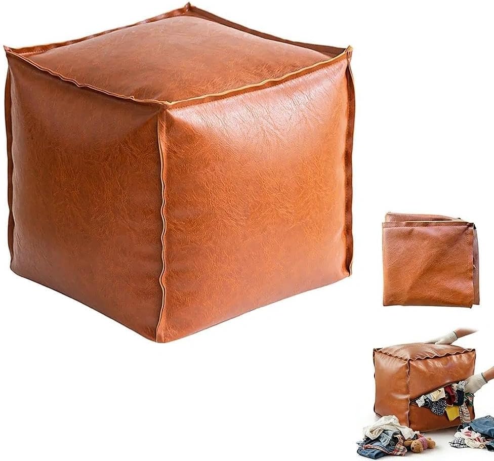 Square PU Leather Pouf Ottoman Cover, Unstuffed Floor Pouf for DIY Home Storage & Seating, Durable Retro Footrest Floor Cushion Bag for Old Clothes, Toys & Blankets, 15.7" Cube (No Filler Included)