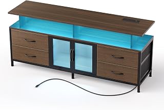 REAHOME 51" TV Stand for 55 Inch TV, Entertainment Center with Charging Station and LED Light, Media Console Table with Storage Cabinets & Shelves, Dresser TV Stand for Living Room, Bedroom, Walnut