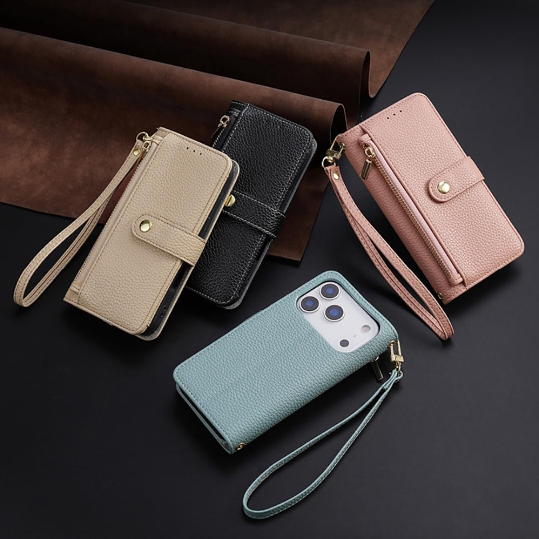 Etui typu crossbody z portfelem, paskiem ochronnym i podpórką, skórzanym etui na karty i gotówkę (do iPhone'a 15 Pro/błękit nieba)