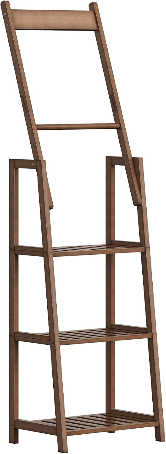 HOOBRO Blanket Ladder, 3 Tier Ladder Shelf & Double Rack, Bamboo Blanket Holder Rack, Bookcase Storage Rack Organizer, Farmhouse Ladder Rack for Living Room and Bedroom, Mocha MA123CJ01
