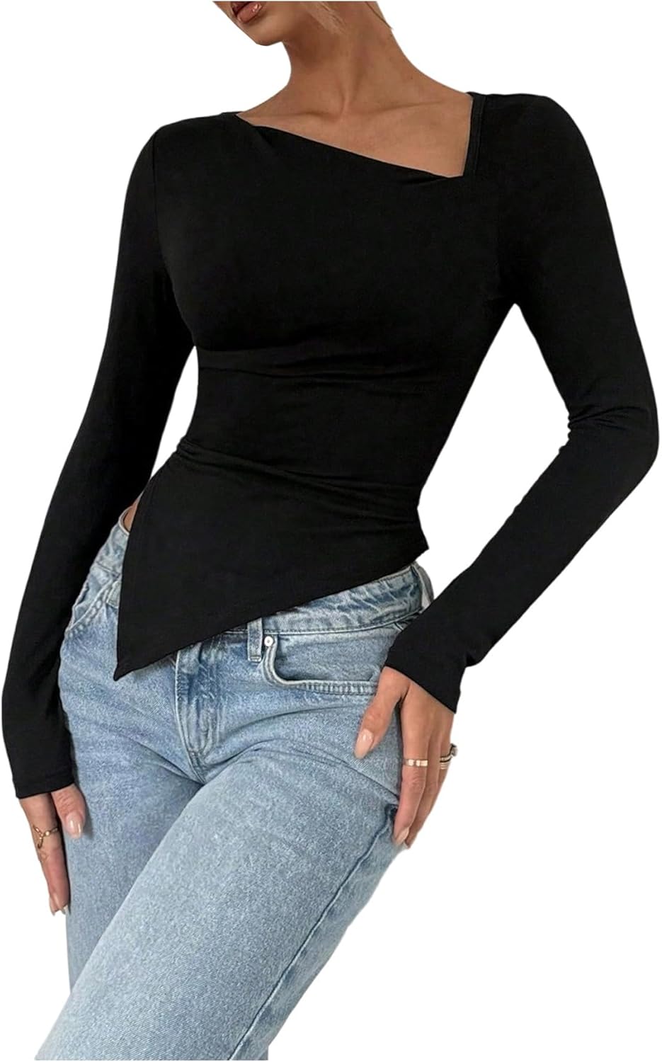 Floerns Women's Asymmetrical Neck Tops Long Sleeve Hanky Hem Fall Outfit Slim Fit Casual T Shirts