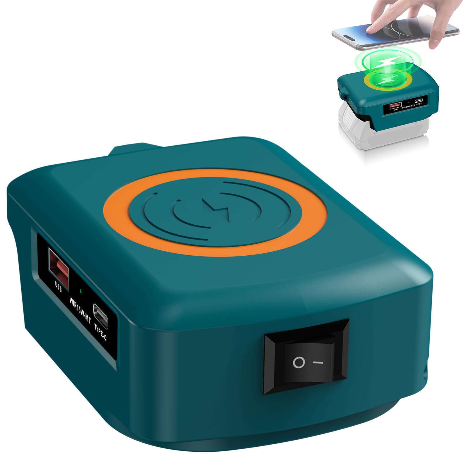 Kabelloses Tragbares Ladegerät für Bosch Professional 18V System Li-Ionen Akku, 15W Schnell Telefon Ladegerät mit USB&Typ C Ausgang von Smartphones, Kompatibel mit iPhone 16/15/14/13/12