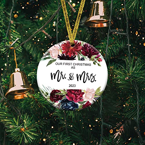 Kooer Our First Christmas As Mr & Mrs Ornament 2023 1St Year Newlyweds 3" Flat Circle Porcelain Ceramic Wedding Ornament (Rose Mr & Mrs) #TOP2