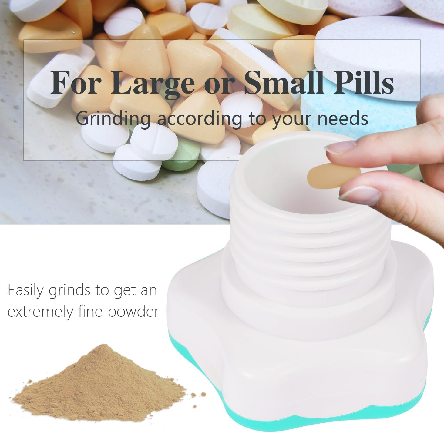 Johnbee Pill Crusher, Pill Grinder Fine Powder Extremely Fine. Storage Compartment. Pill Crushers for Elderly, Family and Pets. Silicone Edges. Grind Multiple Pills at Once - Cleaning Brush (Cyan)