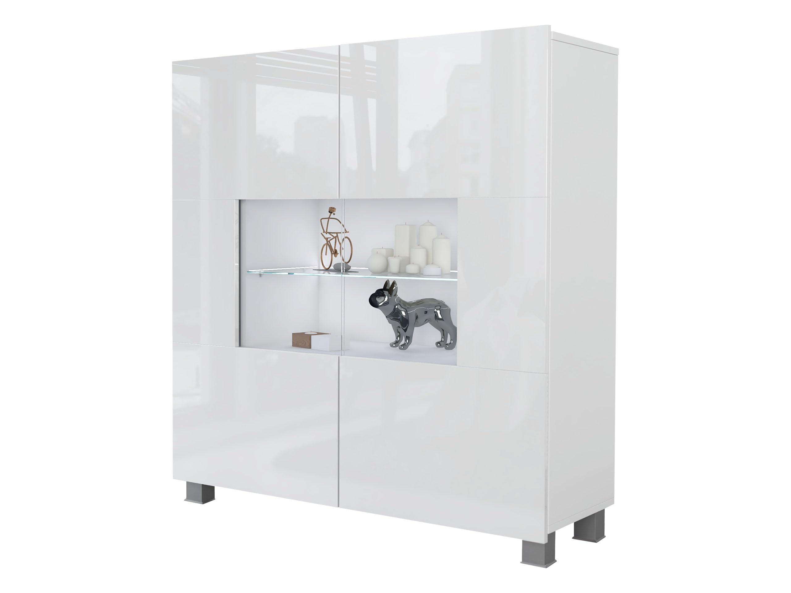 Mirjan24 Kommode Calabrini BR01 mit 2 Türen (Weiß Hochglanz, weißer LED) | Moderne grifflose Kommode mit gehärtetem Glas und viel Stauraum für Wohn- und Schlafzimmer