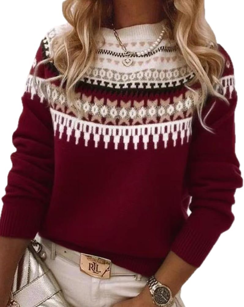 Womens Fair Isle Sweaters Vintage Argyle Iceland Norway Sweater Colorful Crew Neck Long Sleeve Pullover Jumper Tops