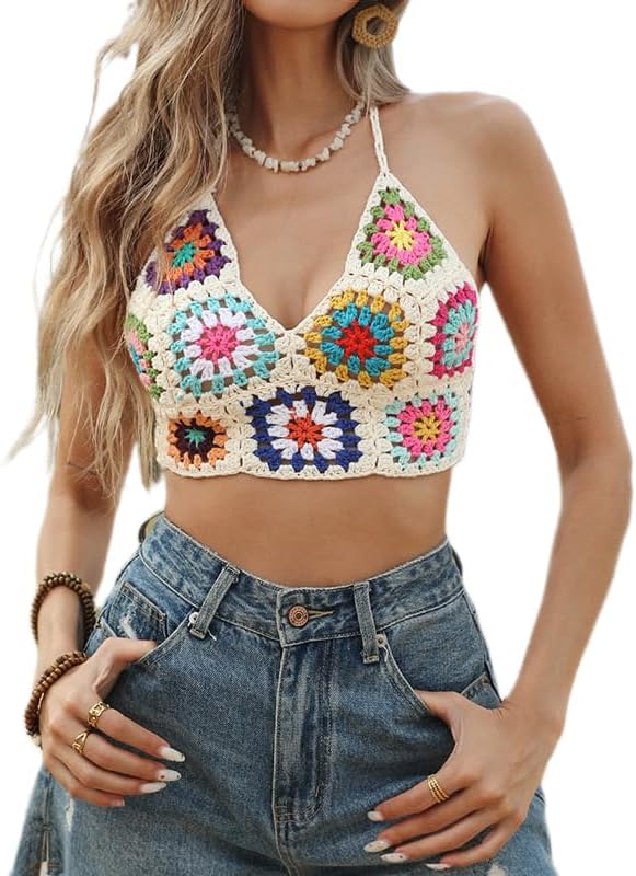 Women Crochet Knit Granny Square Vest Tops Sleeveless Floral Knit...