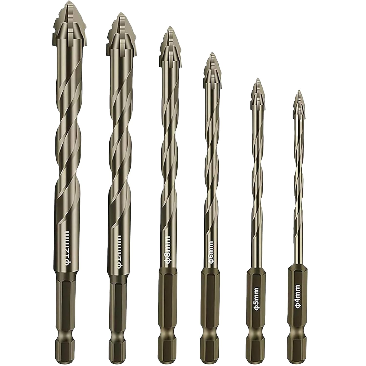 6 Pcs Four-Flute Sawtooth Eccentric Twist Drill Bit, Concrete and Masonry Drill Bit Set, Set for Concrete/Glass/Tile/Wood/Metal, Hexagonal Shank Drills, Short bits, (4/5/6/8/10/12mm)