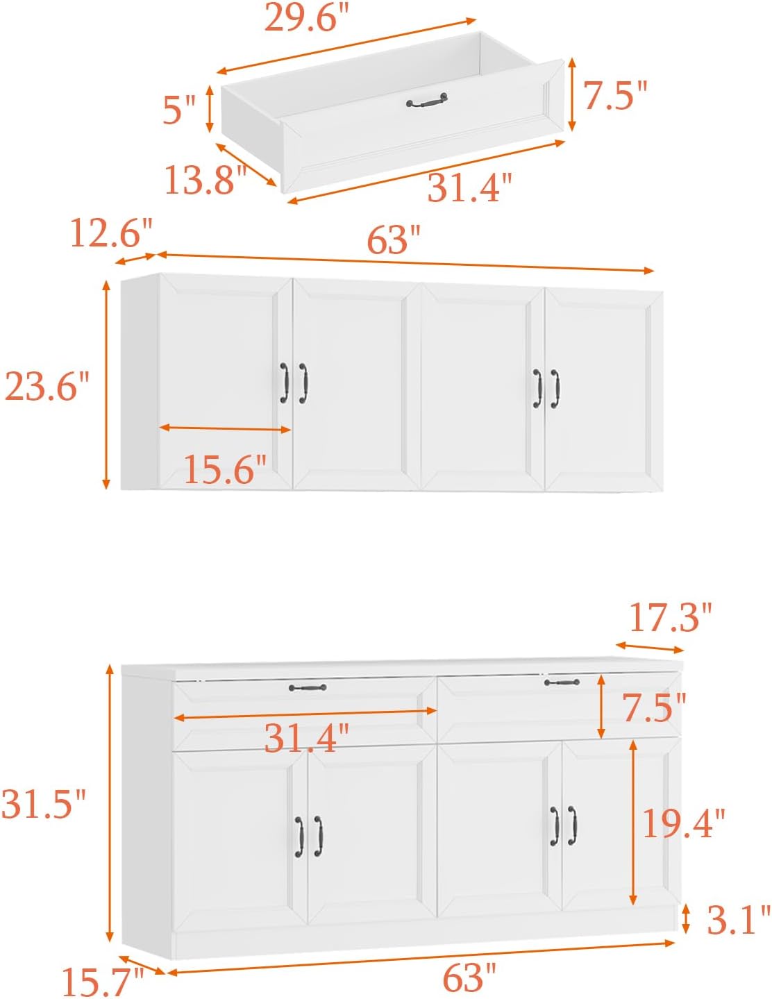 ECACAD Wall-Mounted Kitchen Pantry with 8 Doors, 2 Drawers & Adjustable Shelves, Kitchen Cupboard Storage Cabinet with Microwave Stand for Living Room, White