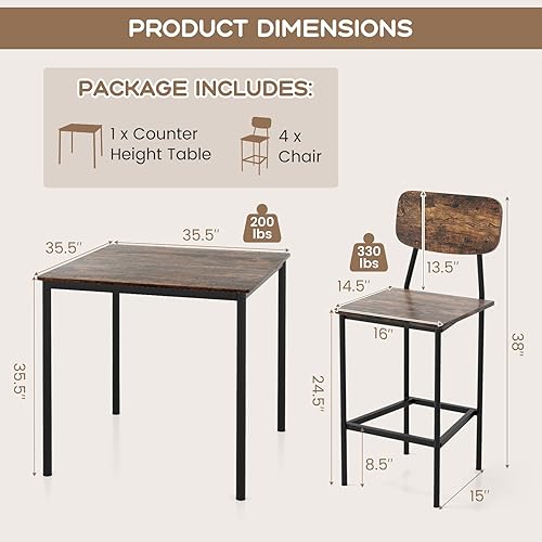 Miniatura 6 de KOTEK Juego de mesa de comedor de 5 piezas, mesa de cocina industrial y sillas para 4, juego de comedor que ahorra espacio con taburetes de bar para