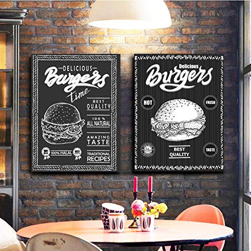 FANGYUAN Burger Menu Food Sketch Toile Affiches Et Impressions Noir Blanc Photos Restaurant Hamburger Shop Wall Art Décor Toile Peinture Cover