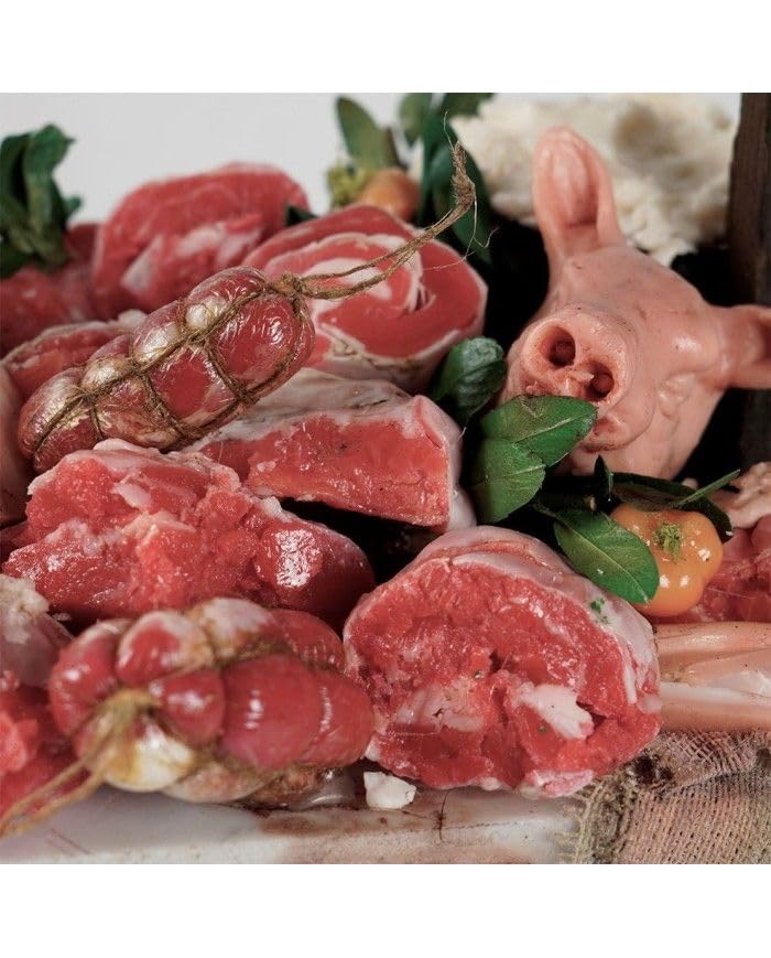Chianese Banco Macellaio in Legno con Pezzi di Carne in Cera – Lavorato e Dipinto a Mano – Adatto per Statuine di 30/35 cm – Dimensioni 24x16x48 cm – Statuetta Esclusa