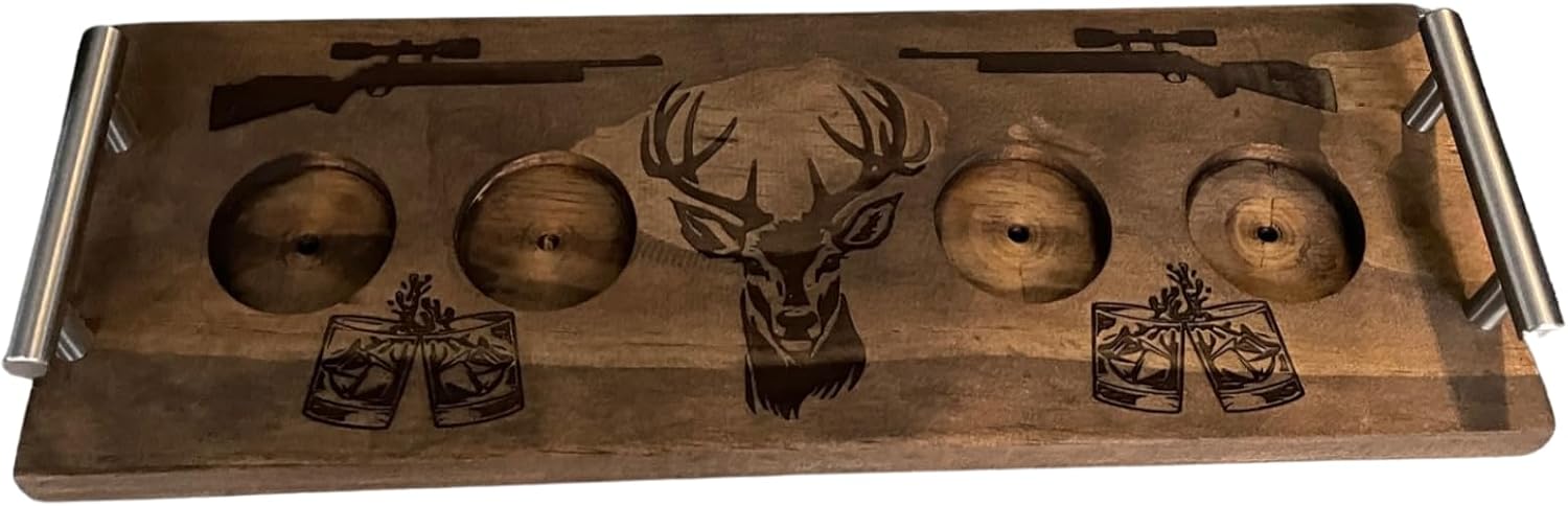 Rustic Wooden Bourbon Flight Board with Hunting Theme, 16 x 5.5 inches, 4 Glass Holders