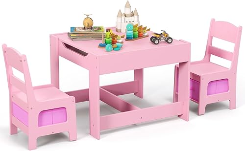 Olakids Juego de mesa y silla para niños, juego de escritorio de madera 3 en 1 con pizarra extraíble, cajón de almacenamiento, mesa de actividades