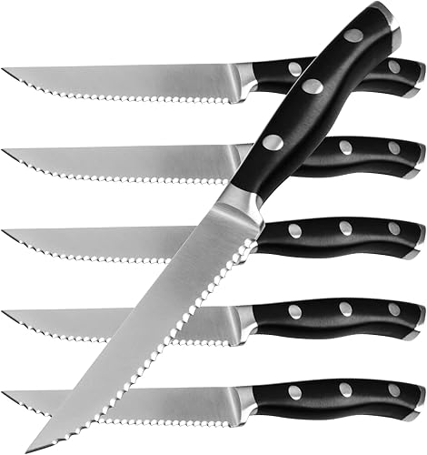 Miniatura 9 de Alata Juego de cuchillos para carne de 8 piezas, 4.7 pulgadas con borde dentado, cuchillos afilados para cena, construcción de espiga completa Negro