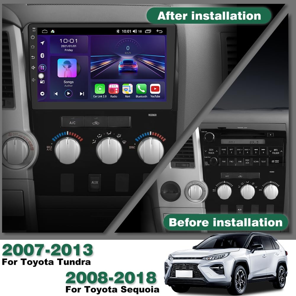 Android 13 Car Radio Stereo for Toyota Tundra 2007-2013 Toyota Sequoia 2008-2018 with 2G RAM 64G ROM Wireless Carplay Android Auto, 10-inch Touch Screen Head Unit, GPS Bluetooth