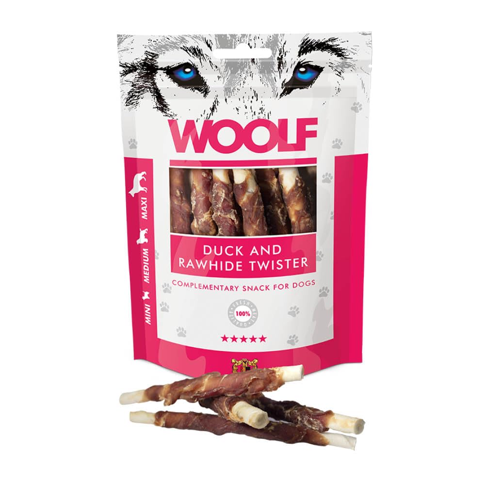 WOOLF Duck and Rawhide Twister - Complementary Snacks for Dogs. Dog Treats with All-Natural Ingredients and High Meat Content, Free from Artificial Additives. Suitable for Dogs (100g)