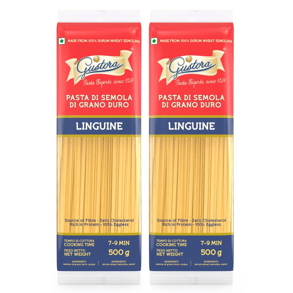 Image of Gustora Linguine Pasta, 1kg (Pack of 2 x 500g) | Flat Ribbon Italian Pasta | Al Dente Texture | 100% Durum Wheat Semolina (Suji) | Zero Maida | Vegetarian
