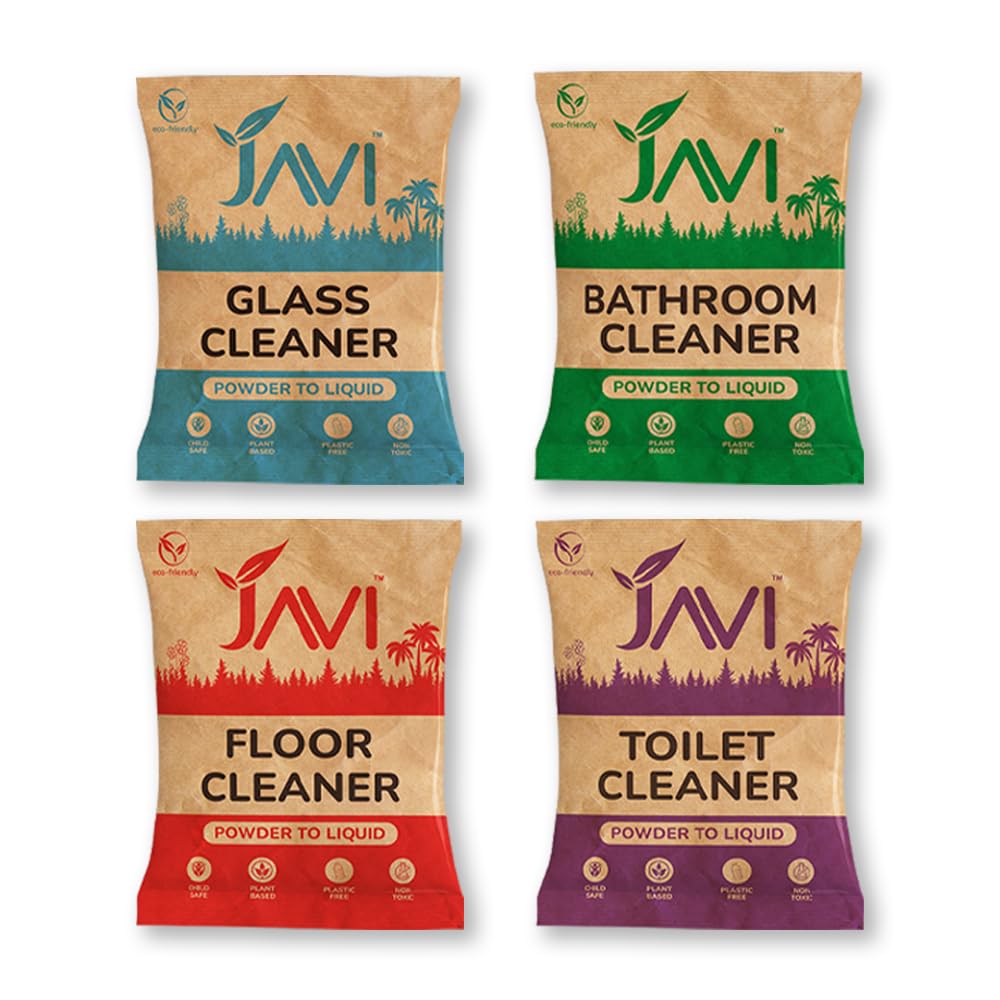 JAVI Plant-Based Powder-to-Liquid Cleaners | Natural, Organic, Biodegradable, Eco-Friendly | 4 in1 Combo (Makes 2 Liter-Floor, Bathroom, Toilet, Glass) (1 Sachet = 500ml) JAVI Plant-Based Powder-to-Liquid Cleaners | Natural, Organic, Biodegradable, Eco-Friendly | 4 in1 Combo (Makes 2 Liter-Floor, Bathroom, Toilet, Glass) (1 Sachet = 500ml)