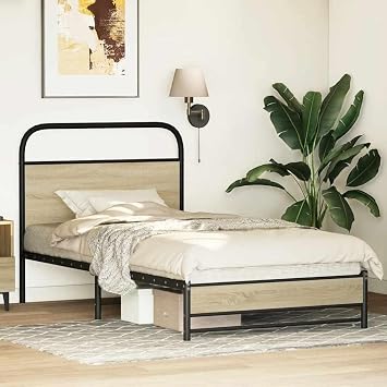 Single Bed Frame 90x200 cm Sonoma Oak Steel & Engineered Wood with Headboard & Slatted Base Robust Durable Bedroom Furniture for Guest Room Children Teen Loft