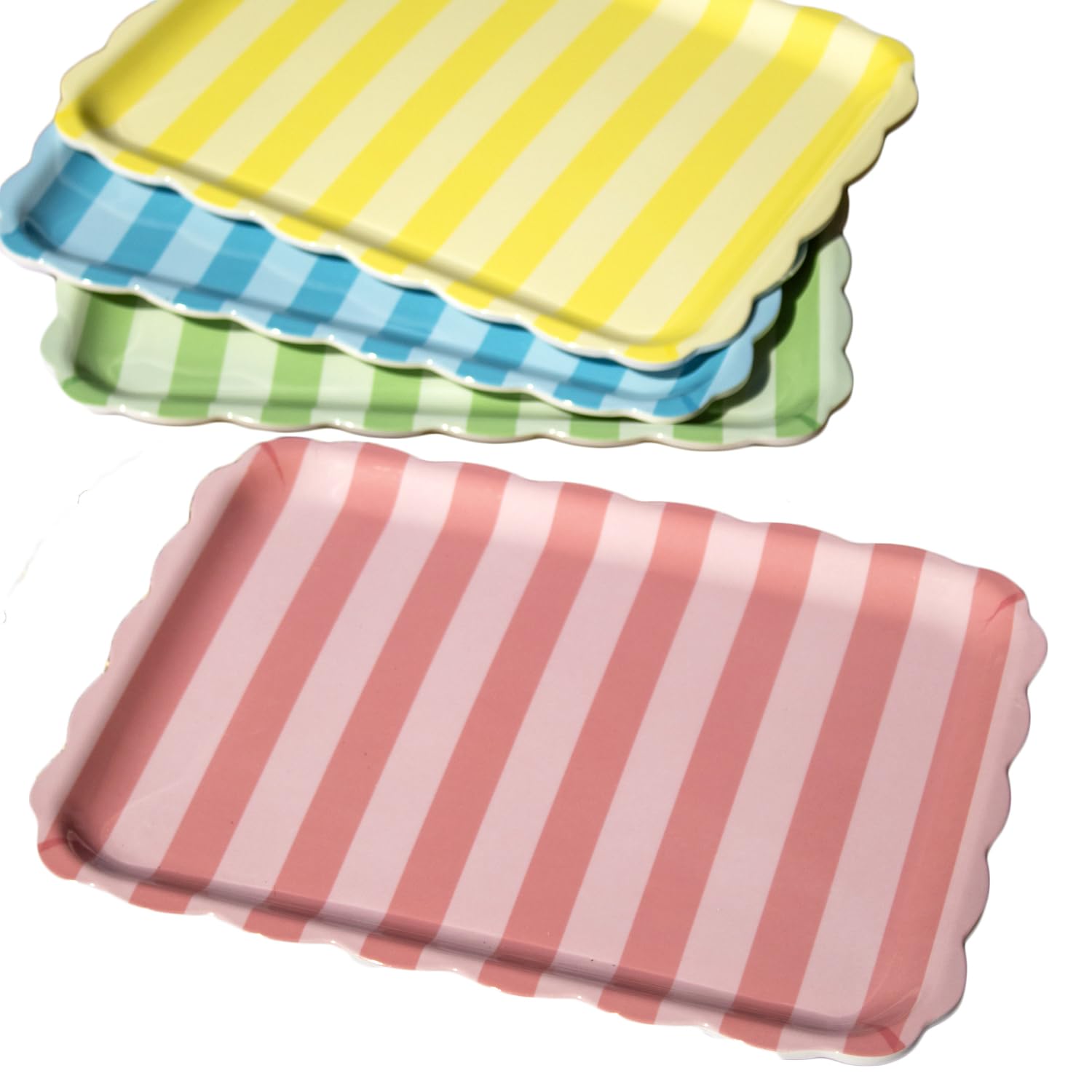 Set of 4 Melamine Scalloped Serving Trays, Multicoloured Striped, Shatterproof, 36.5 x 28.5cm, for Picnics, BBQs and Parties