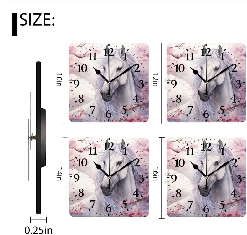 Quartz Wall Clocks Non-Ticking Silent Battery Operated Modern Wall Clocks Decorative for Home,Bedroom-White Horse Surrounded by Cherry Blossoms(12inch)