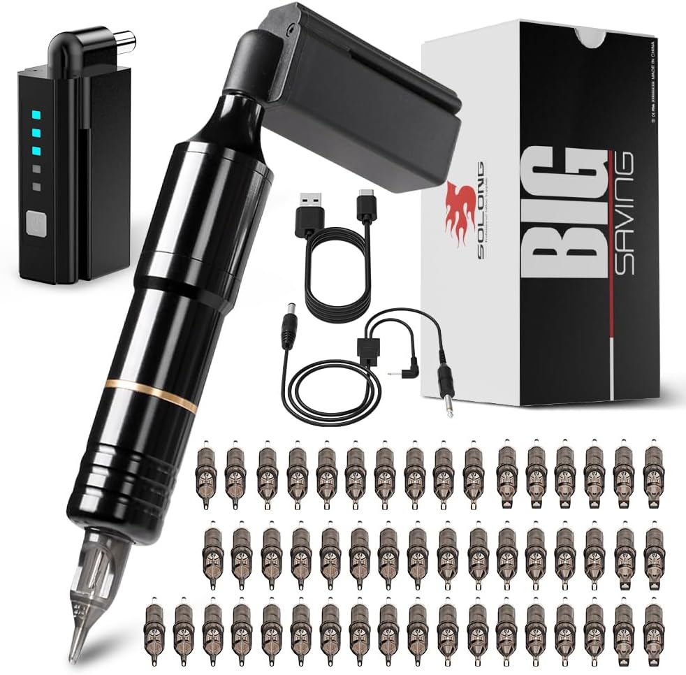 Solong Tattoo Pen Kit Rotary Tattoo Gun Machine with Wireless Tattoo Power Supply 50Pcs Cartridge Tattoo Needles EM128KITPRD50-1-US