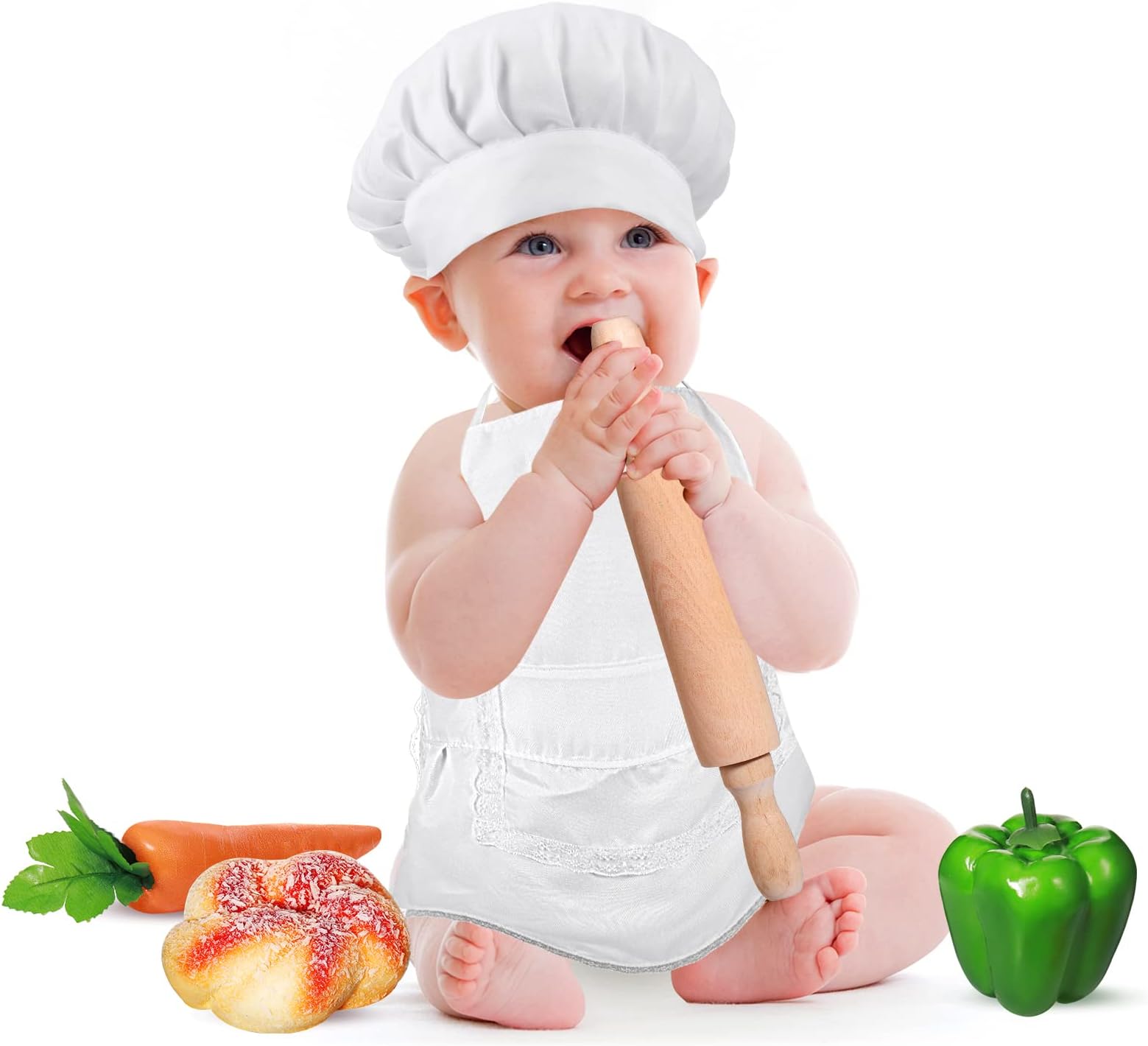 Haysandy 5 Pcs Baby White Chef Outfit Newborn Apron Chef Hat Uniform Outfits with Carrots Rolling Pin for Infant Photography