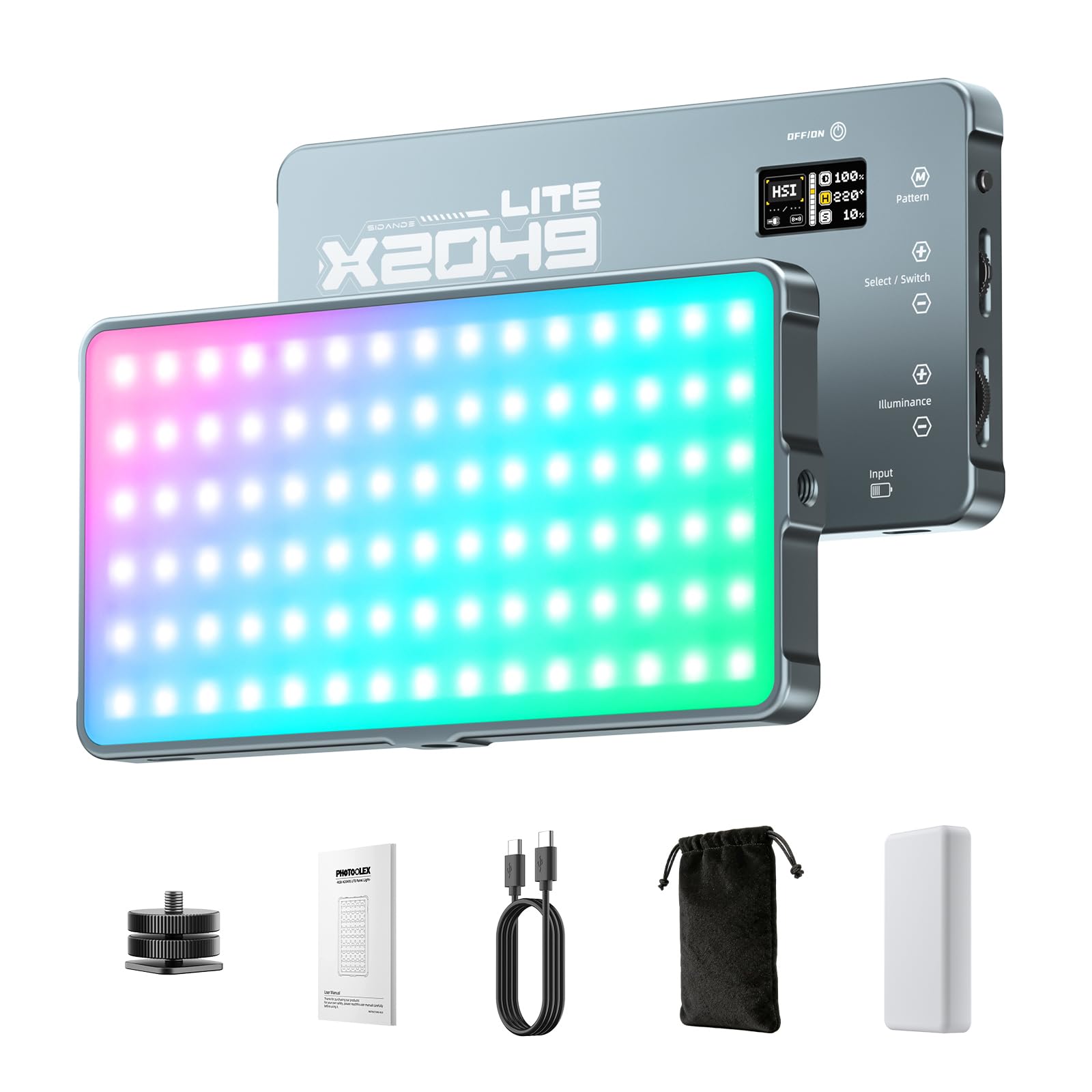PHOTOOLEX X2049 Led Videoleuchte RGB, Tragbare Kamera Licht, 4000mAh