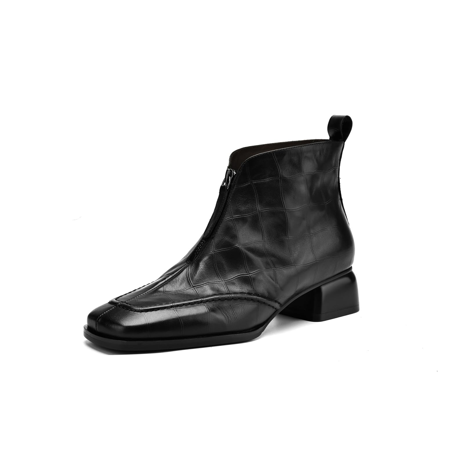 TinaCus Womens Square Toe Handmade Front Zipper Low Chunky Heels Genuine Leather Casual Ankle Boots