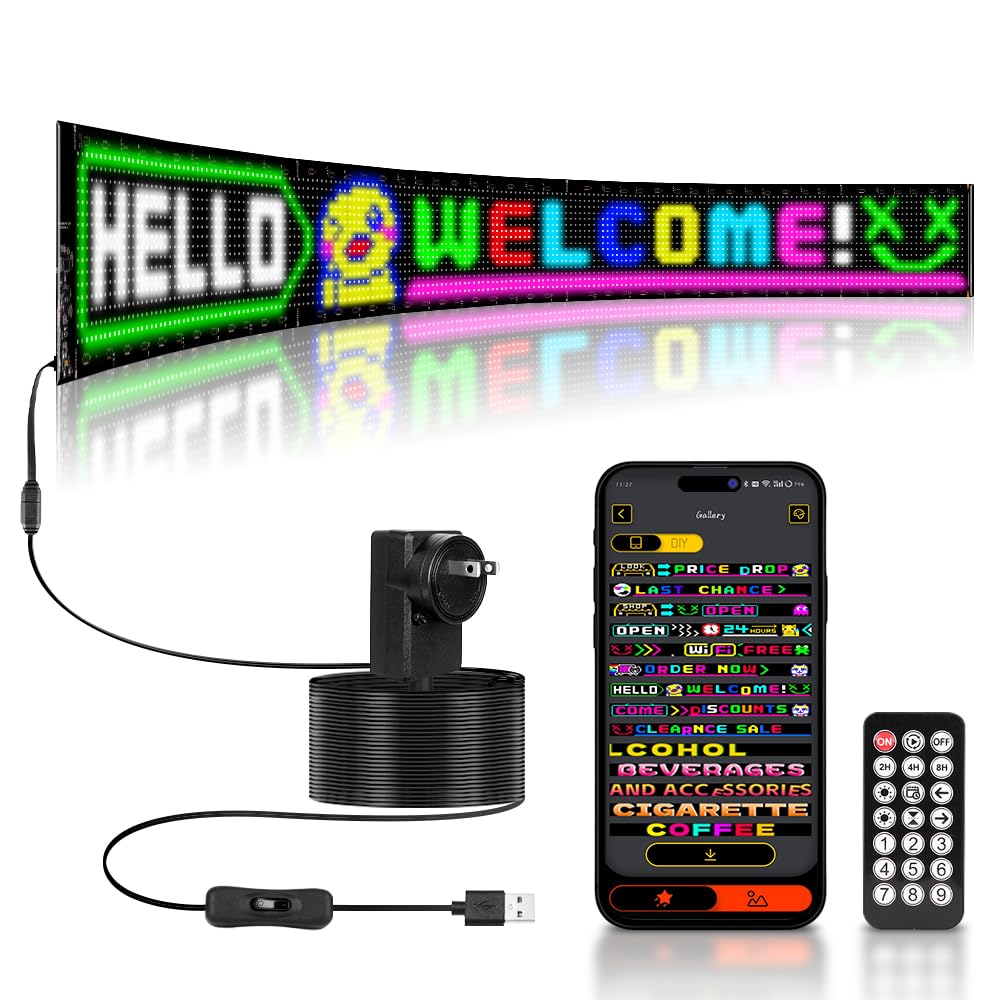 Large Programmable LED Sign, 52"x7.5" Flexible 110V Scrolling Display, Customizable Text, Patterns & Animations, Multi-task Loop Playback for Store, School, Hotel, and Event Sign