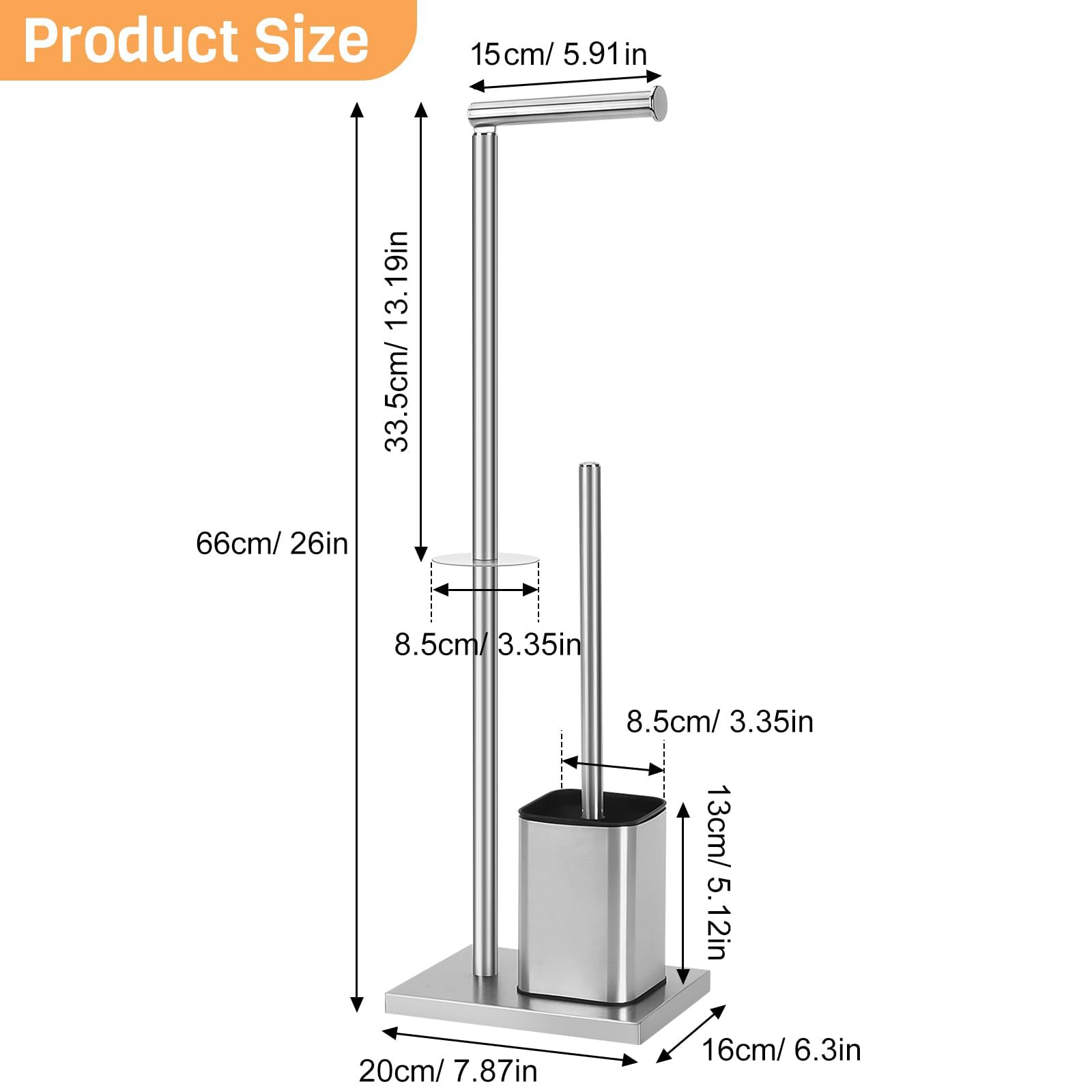 Topsky Portarotolo di carta igienica autoportante con scopino per WC, supporto per rotolo di carta igienica in acciaio inox, scopino e supporto per bagno (argento)
