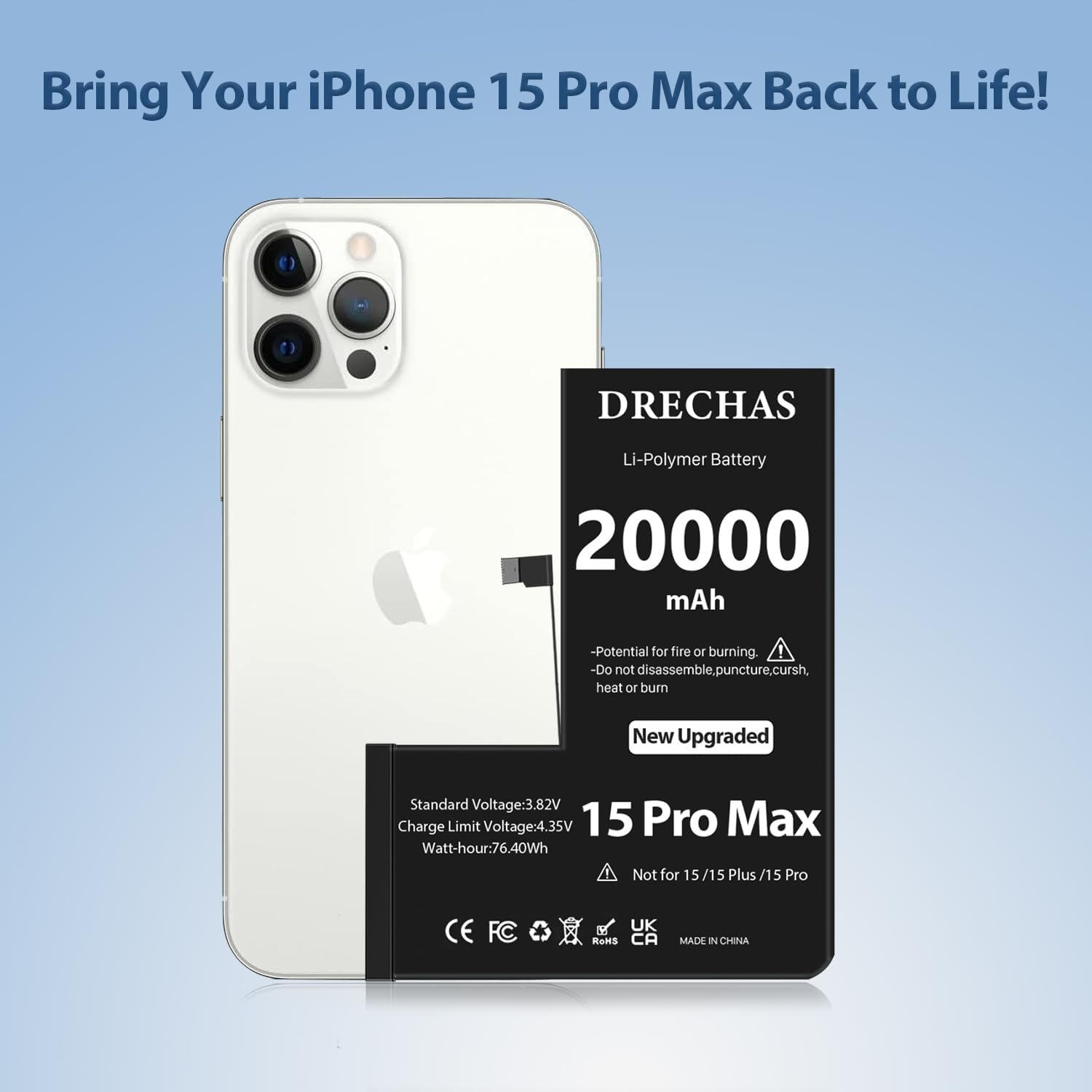 [20000mAh] Battery for iPhone 15 Pro Max, High Capacity 0 Cycle Li-Polymer Replacement Battery for iPhone 15 Pro Max Models A2849 A3105 A3108 A3106 with Complete Professional Repair Tool Kit
