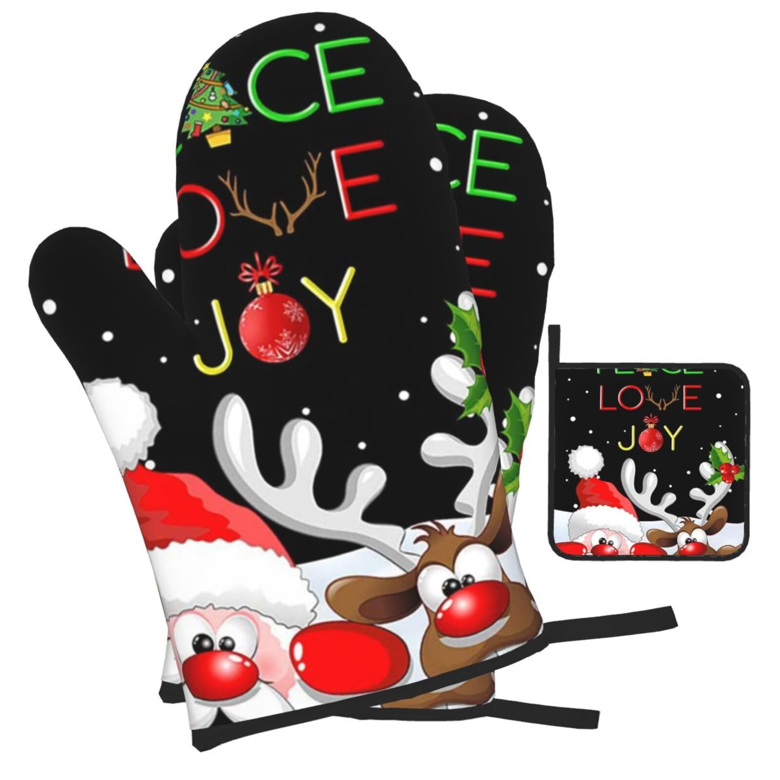 deer Printed Oven Mitts and Pot Holders Heat Resistant Set of 3 Pcs, Modern Kitchen Gloves & Potholders for Cooking Baking Grilling