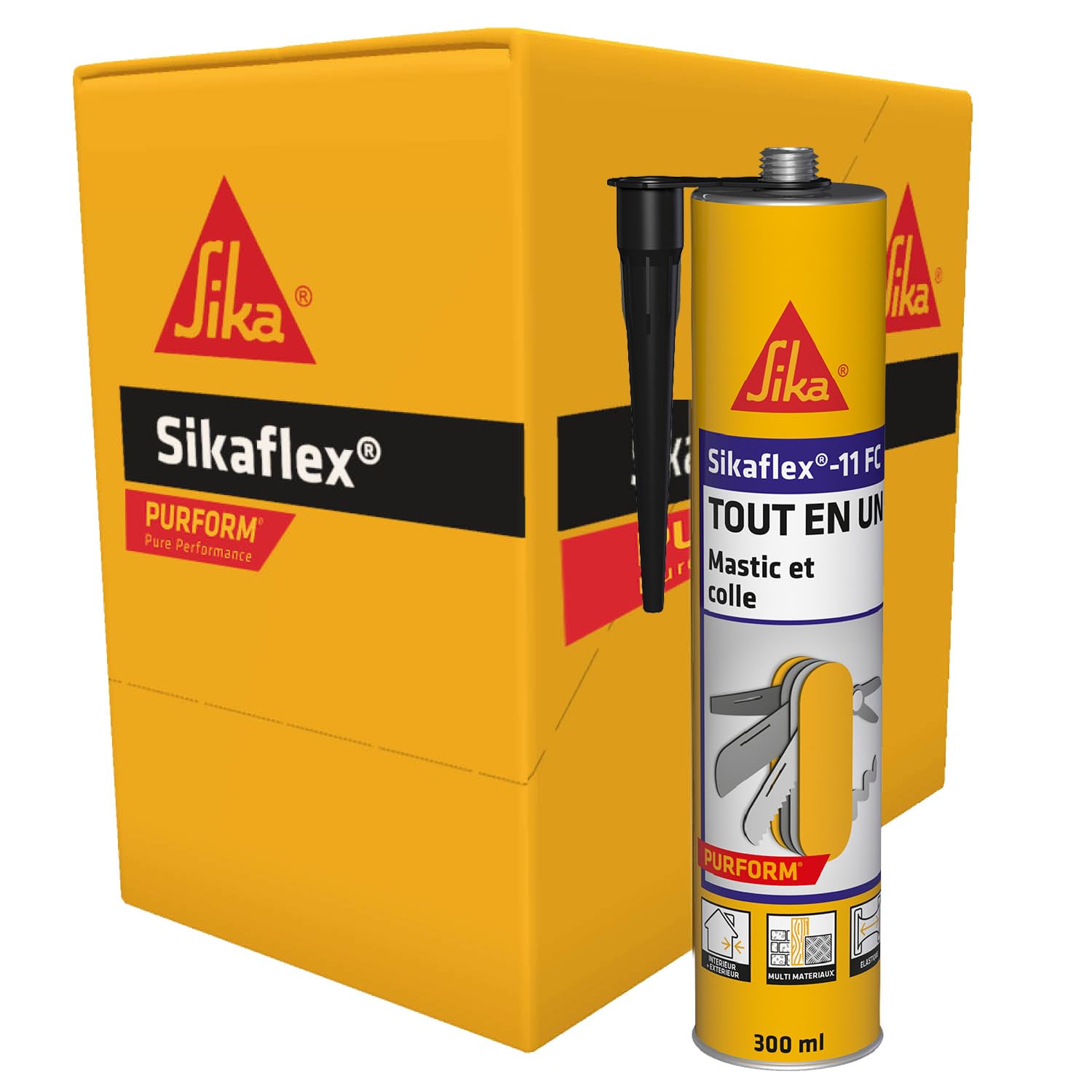 SIKA - Mastic-colle Tout en un multi-usages - Sikaflex 11 FC Purform, Noir - Mastic, joint et collage multi-usages, Intérieur et extérieur - Carton de 12 cartouches 300ml