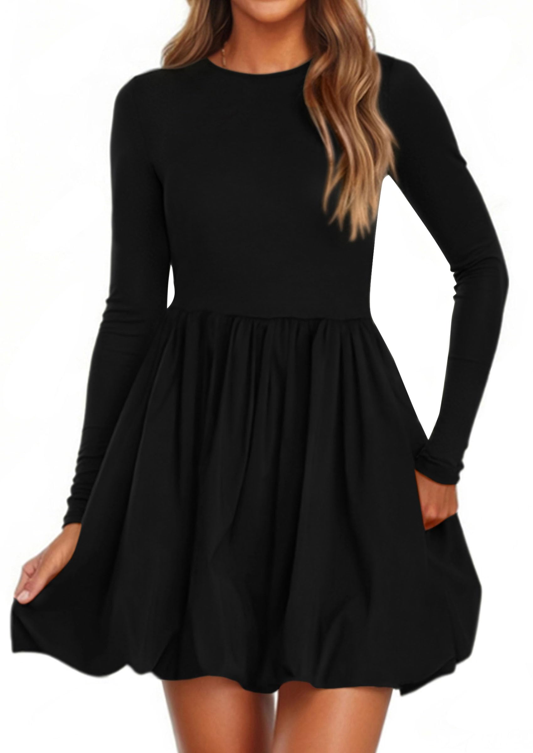 PRETTYGARDEN Fall Dresses for Women 2025 Casual Long Sleeve Bubble Cute Crew Neck A Line Mini Short Dress