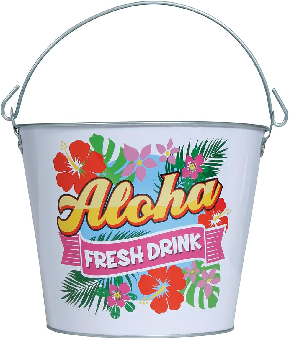 FIESTAS GUIRCA Aloha Metal Bucket Reusable (19 x 23 cm) - Table Decoration for Summer and Graduation Parties - Ideal for Hawaiian Themes and Celebrations - White